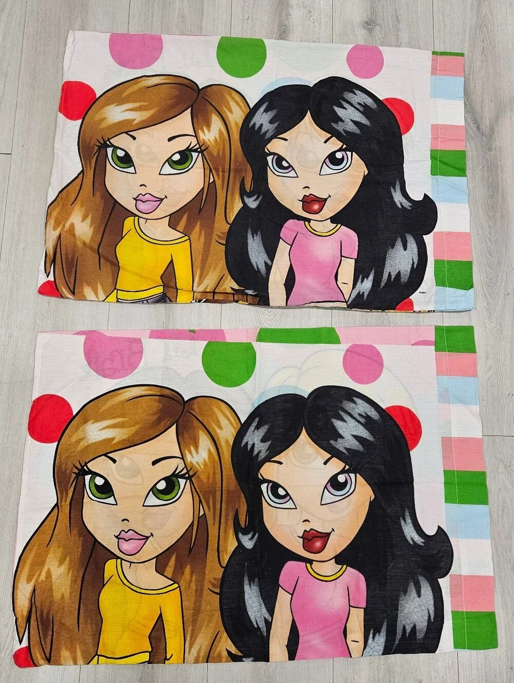 VTG Lil Bratz FULL Sheet Set & Pillowcases Pink Large Polka Dots Stripes Y2K